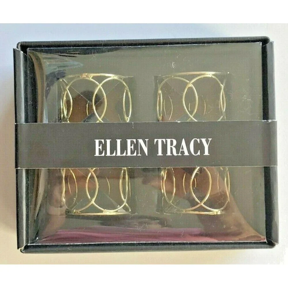 Ellen Tracy Napkin Rings Gold Circles Wire Cage Christmas Thanksgiving Set of 4